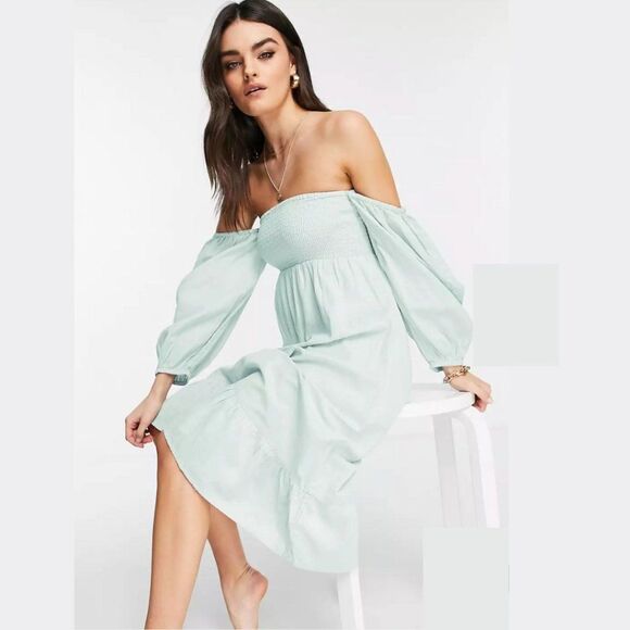 Accessorize London - Cotton/Linen Balloon Sleeve Powder Blue Dress - Picture 2 of 9
